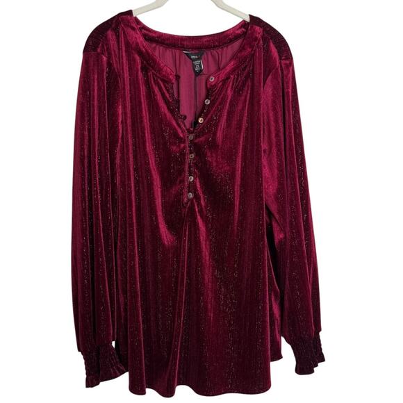 Intro Woman Plus Velvet Popover Tunic Top 2X Burgundy Metallic Long Sleeve - Picture 3 of 10